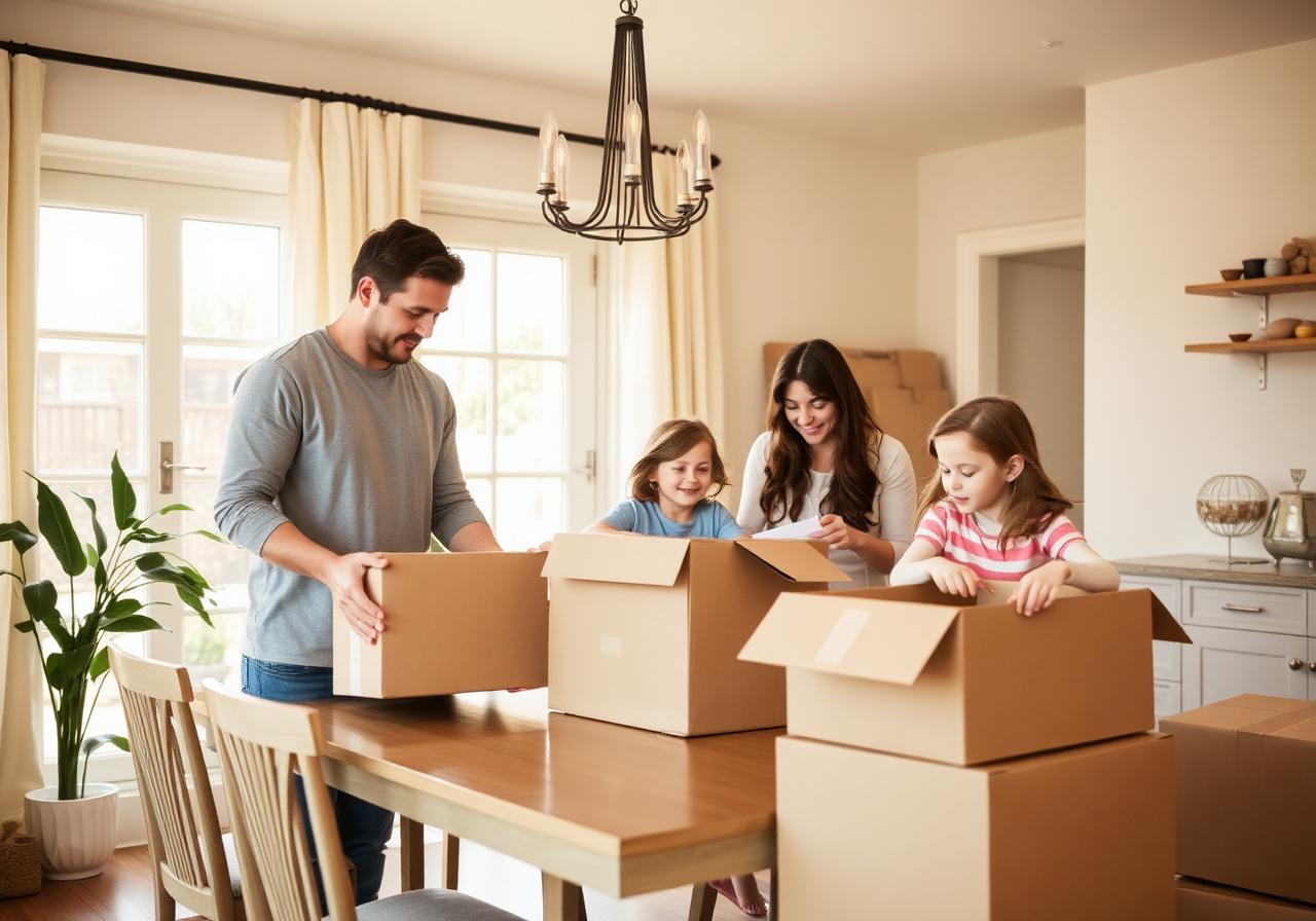 Family calmly packing in a sunlit dining room